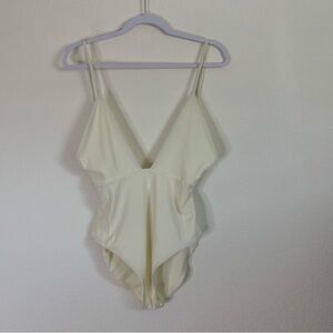 Lee Merritt womens cream/ Bone plunge chest one piece swimsuit L